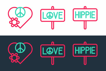 Set line Peace, Love peace and icon. Vector