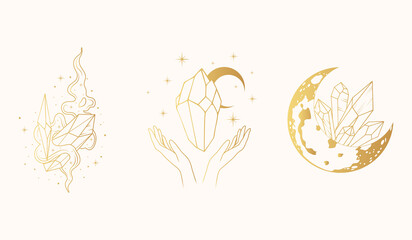 Celestial moon crystals.  Golden isolated set of three mystical vector illustrations in boho style.