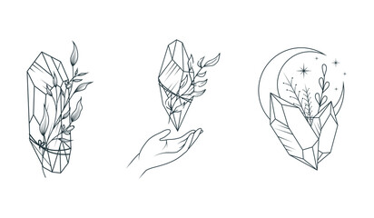 Celestial  moon crystals and flowers set. 3 hand drawn magic vector illustrations for tattoos, t-shirt printing and esoteric design.