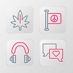 Set line Speech bubble chat, Headphones, Flag peace and Marijuana icon. Vector