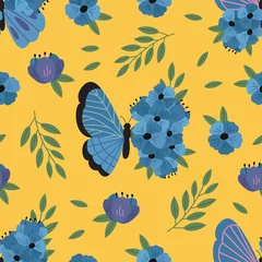 Gordijnen seamless pattern with blue decorative butterfly and flowers © nataka