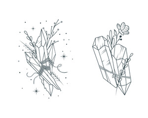 Celestial  moon crystals and flowers set. Two hand drawn magic vector illustrations for tattoos, t-shirt printing and esoteric design.