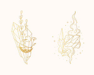 Celestial moon crystals.  Golden isolated set of two mystical vector illustrations in boho style.