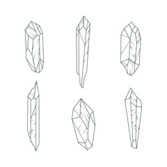 6 crystals set.  Simple mineral line icons isolated on white background.   Hand drawn esoteric vector illustration.