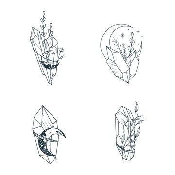 Celestial  moon crystals and flowers set. 4 hand drawn magic elements for tattoos, t-shirt printing and esoteric design.