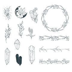 Сelestial lunar and flower crystals, twigs, floral borders and frame collection. Hand drawn vector isolated set in boho style. - obrazy, fototapety, plakaty