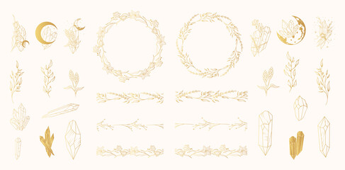 Сelestial golden lunar and flower crystals, twigs, floral borders and gold frame collection. Hand drawn vector isolated set in boho style.