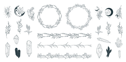 Сelestial lunar and flower crystals, twigs, flower borders and frame big collection. Hand drawn vector isolated set in boho style.