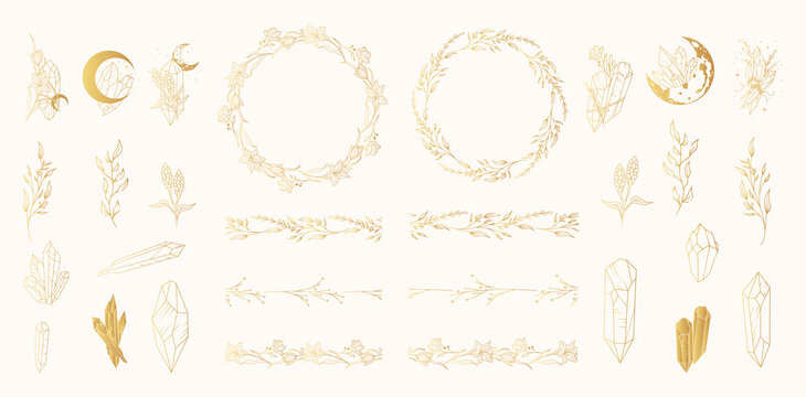 Сelestial golden lunar and flower crystals, twigs, floral borders and gold frame collection. Hand drawn vector isolated set in boho style.