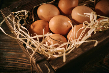 Chicken eggs, raw surface, rural still life, Easter