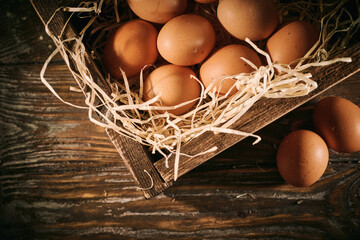 Chicken eggs, raw surface, rural still life, Easter
