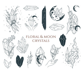Floral and moon crystals collection. Celestial crystals, crescent moon, flowers and magic elements isolated set. Hand drawn vector illustration in boho style.