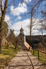 Fototapeta premium Church spire from the historical mountain church in Oybin. Saxony. Germany