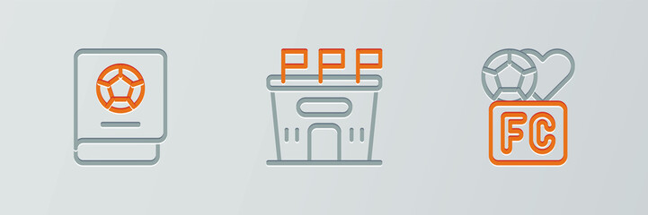 Set line Fan club football, Football learning book and stadium icon. Vector