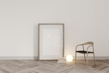 Open white space with chair and wooden parquet art or product presentation, exhibition, mockup frame