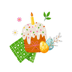 Easter cake with colorful eggs,kitchen towel,pussy willow.Vector illustration