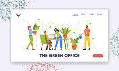Green Office Landing Page Template. Group of Young Business People Working Together in Modern Workspace with Plants