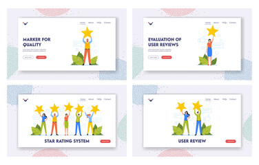 Obraz na płótnie Canvas Star Rating Landing Page Template Set. Tiny Clients Characters Holding Huge Stars, Consumer Feedback or Customer Review