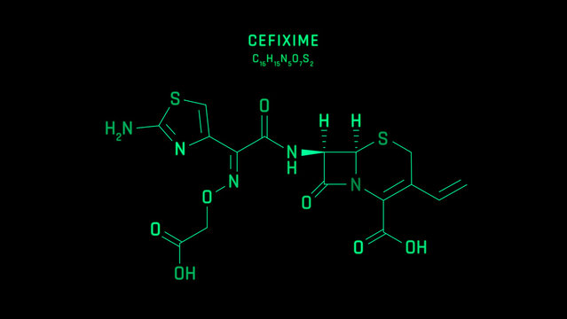 Cefixime Skeletal Formula or Molecular Structure Symbol on black background