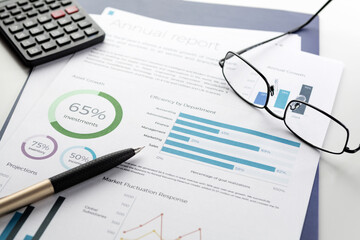 Naklejka na ściany i meble Financial charts report sheet with pen, calculator and eyeglasses on white desk