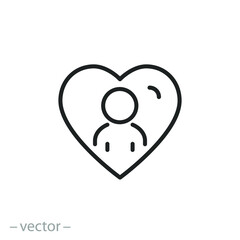 person in heart icon, compassion or empathy for people, care human, thin line symbol on white background - editable stroke vector illustration