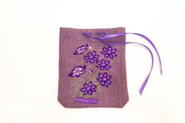 Purple linen pouch with embroidered flowers storage pouch for small items, for dried herbs,...