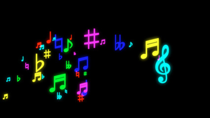 Colorful Neon Glow Music Notes Flowing on Black Background
