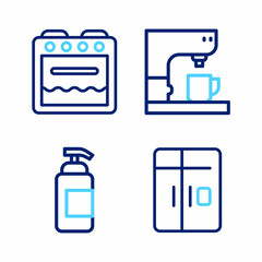 Set line Refrigerator, Antibacterial soap, Coffee machine and Oven icon. Vector