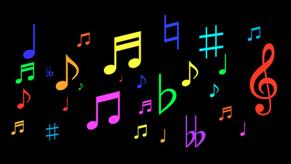 Colorful Music Notes Sign or Symbol on Black Background