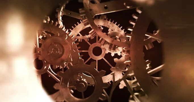 Flying Inside Of Mechanical Machine Gears. Perfect Loop. Industry And Teamwork Related 3D Animation.