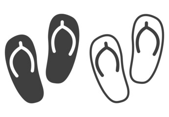 Logo flip flops. Icono plano set de calzado de playa con silueta de chanchas con líneas y relleno en color gris