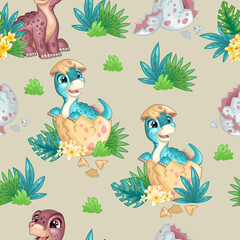 Seamless tropical pattern with cute brontosaurus in egg vector © alinart