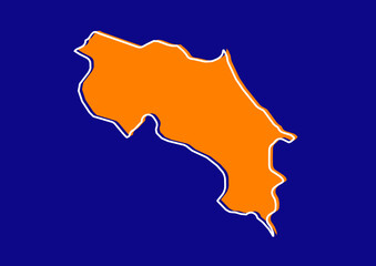Outline map of Costa Rica, stylized concept map of Costa Rica. Orange map on blue background.