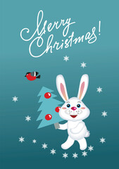 A rabbit is carrying a Christmas tree home, snow is falling. New Year's card with the inscription "Merry Christmas."