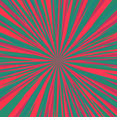 Pop art radial colorful comics book magazine cover. Striped green digital background. Cartoon funny retro pattern strip mock up. Vector halftone illustration. Sunburst, starburst shape