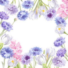 Obraz premium Floral frame. Cornflowers and crocuses on a light background. 