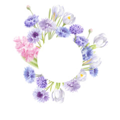 Floral frame. Cornflowers and crocuses on a light background. 