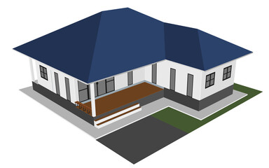 Isomatic of house ues metal sheet for roof. Color scheme around the house is light gray. Windows and doors are made of steel and glass frames. On isolated white background.