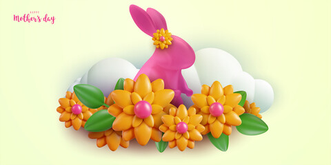 Happy mother's day abstract background. Cartoon 3d flower composition with pink rabbit and cloud. Minimal modern holiday vector illustration. Template banner, cover, card.