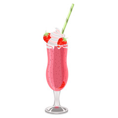 Strawberry milkshake in a glass wine glass with drinking straws, isolated on a white background.Vector illustration can be used in the menu.postcards,textiles, bars,restaurants.