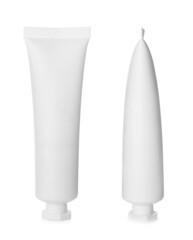 Blank tubes of cosmetic products on white background, collage. Mockup for design