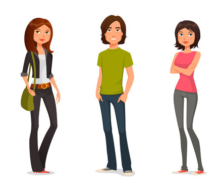 cute cartoon illustration of young people in casual street fashion, teenagers or students.