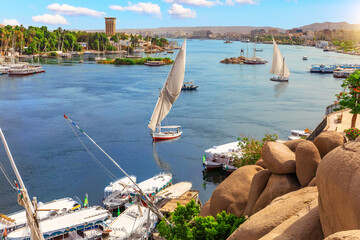 Aswan city, beautiful scenery of the Nile and boats, upper Egypt - obrazy, fototapety, plakaty