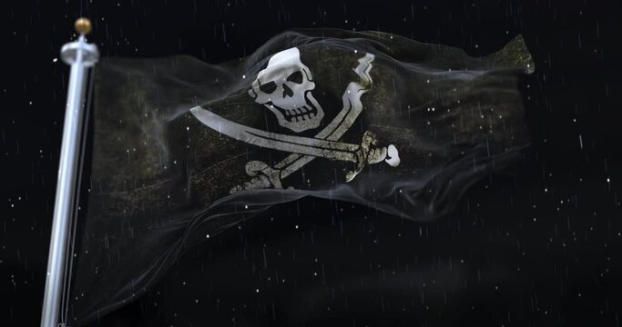 Pirate Flag Waving with rain and snow in the night. Loop