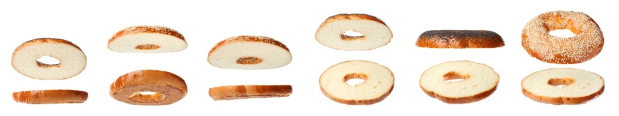 Set with tasty fresh bagels on white background. Banner design
