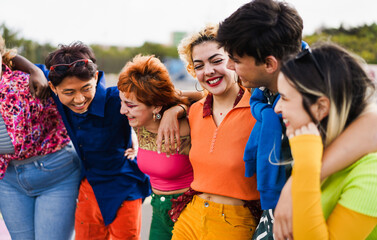 Young diverse people having fun outdoor laughing together 