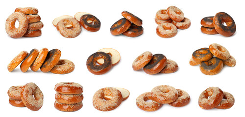 Set with tasty fresh bagels on white background. Banner design