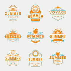 Summer holidays typography labels or badges vector design, summer silhouettes and icons for posters, greeting cards and advertising. Vintage style.