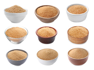 Bowls of brown sugar on white background