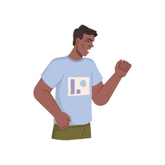 Irritated male personage clenching fist expressing negative emotions of anger, frustration and annoyance. Vector flat cartoon character, vexed guy coping with anger and wrath feelings